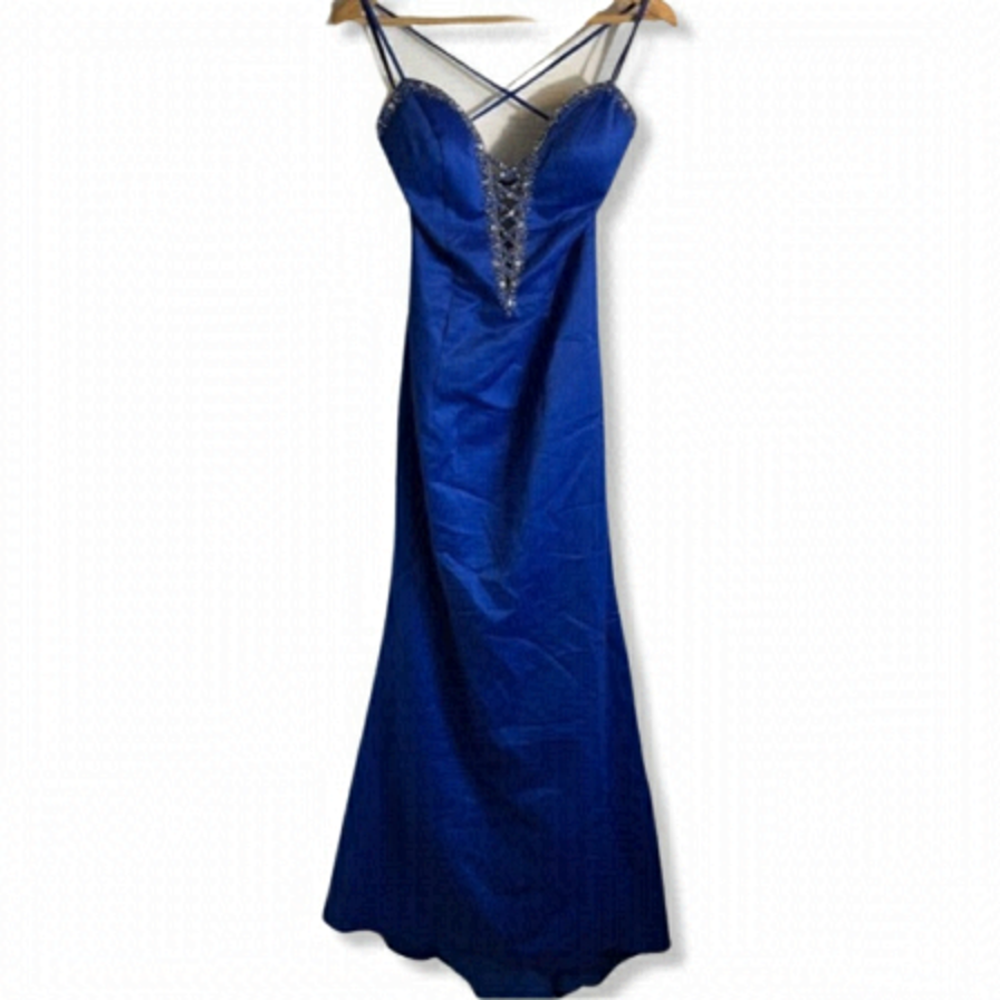 ROYAL Blue Size 8 Prom Grad Dress Rhinestone Deep V Neckline Tie Back